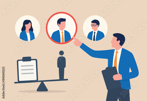 Choose candidate for job position, HR, human resources recruitment or hiring new employee, career opportunity or interview, talent or headhunter concept, businessman pointing at chosen candidate..