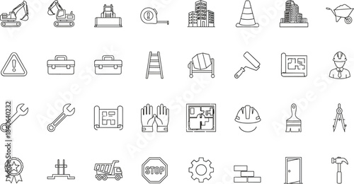 Construction and Building Line Icons – Minimalist Black-and-White Set for Architecture, Tools, Safety, and Site Equipment
