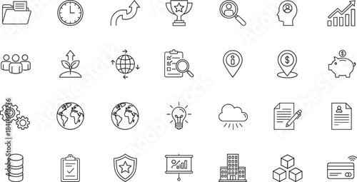 Business, Finance, and Technology Line Icons – Minimalist Black-and-White Set for Data, Strategy, Growth, and Global Operations