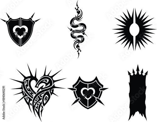 A collection of diverse tribalstyle vector graphic elements including spiked shields an ornate snake starburst and intricate heart shapes perfect for design projects