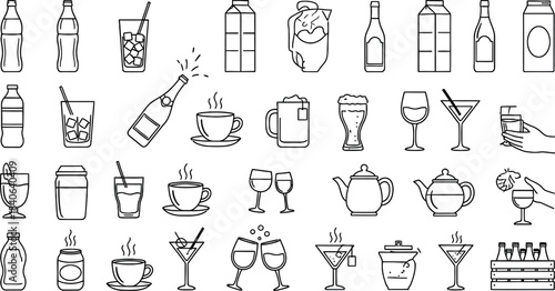 Hand drawn collection of various beverage containers and drinking vessels