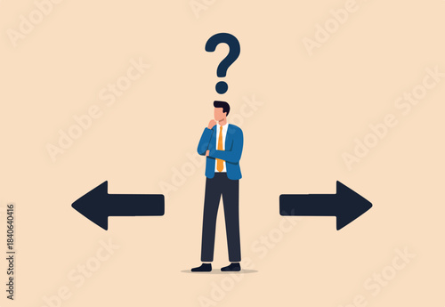 Choosing between 2 choices, make decision to the left or right, thinking in difficult situation, confusion concept, businessman thinking with question mark choose between 2 direction with copy space