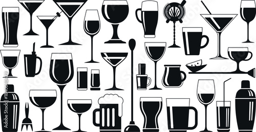 Variety of alcoholic and nonalcoholic beverages in black and white illustration