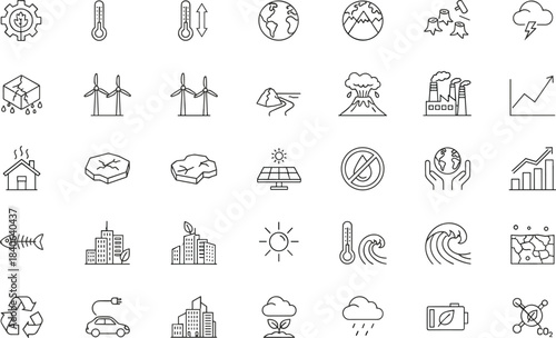 Climate and Sustainability Line Icons – Minimalist Black-and-White Set for Environmental Science, Renewable Energy, and Global Impact Themes