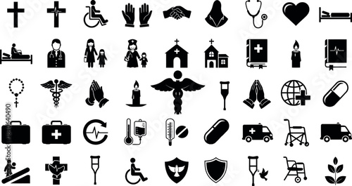 Collection of black silhouette icons representing healthcare religion and disability