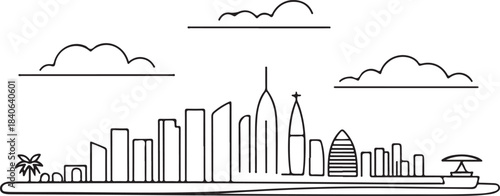 Continuous Line Art of Lagos Skyline from Victoria Island View Minimal Outline Illustration