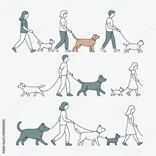 Minimalist Line Art Vector Set of People Walking Various Dog Breeds on a Leash