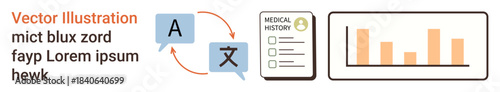 Language translation, health records, data analytics, healthcare, tech solutions, communication. Speech bubbles with arrows, a medical form and a bar chart. Language translation and health records