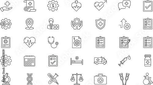 Healthcare and Medical Line Icons – Minimalist Black-and-White Set for Apps, Websites, Clinics, and Educational Materials