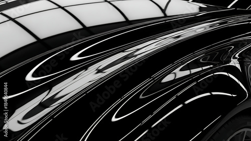 Glossy Black Car Body with Reflected Light Patterns