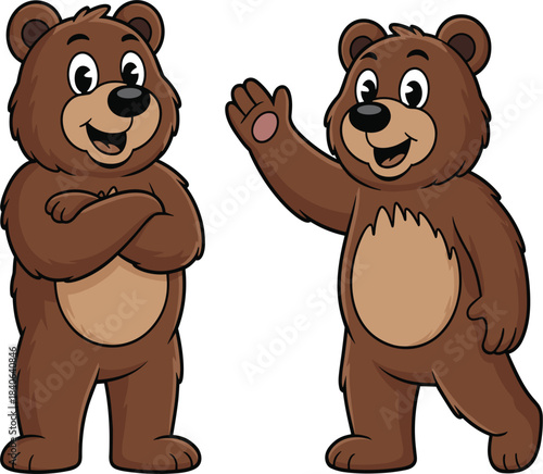 Friendly cartoon brown bears set, cute forest animal character, standing mascot illustration, waving wildlife greeting
