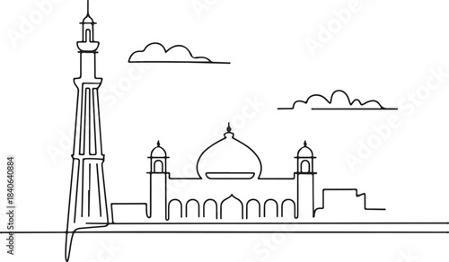 Continuous Line Art of Lahore Skyline with Minar e Pakistan Outline Minimal Illustration