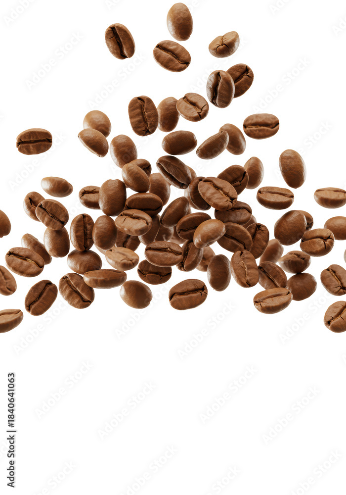 Naklejka premium ultra-photorealistic blonde roast arabica coffee beans, glossy and oily, dynamically scattering against a sterile white background with 'aroma' text copy space below, concept for premium coffee