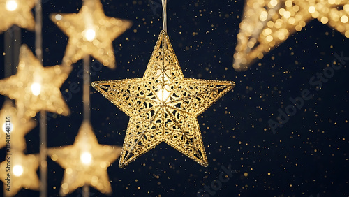 Golden Star Ornaments with Bokeh Lights decoration