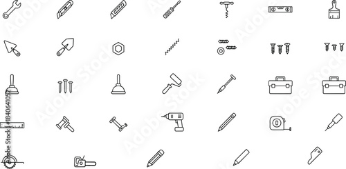 Tools and Hardware Line Icons – Minimalist Black-and-White Set for Construction, DIY, Workshop, and Mechanical Applications