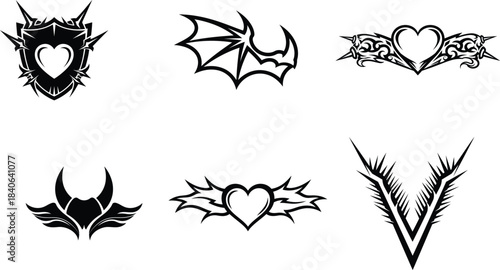 Diverse collection of six sharp tribal gothic fantasy graphic design elements featuring hearts wings and spikes