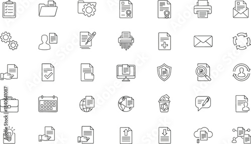 Document and Office Line Icons – Minimalist Black-and-White Set for Productivity, File Management, Communication, and Business Tools