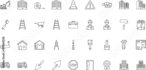 Construction and Architecture Line Icons – Minimalist Black-and-White Set Featuring Tools, Equipment, Buildings, and Safety Symbols
