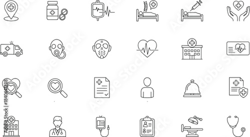 Medical and Healthcare Line Icons – Minimalist Black-and-White Set Featuring Equipment, Personnel, Facilities, and Patient Care Symbols