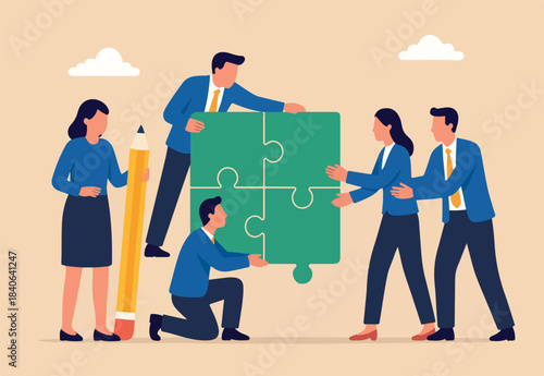  Collaboration work together to solve problem, teamwork unite together to achieve success, connected people or community help finding solution concept, business people team succeed solve jigsaw puzzle