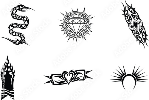 Dynamic tribal tattoo design collection featuring intricate abstract blackandwhite vector elements including serpents hearts diamonds flames and spiky shapes for creative projects