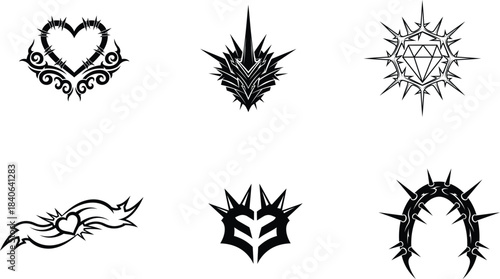 Intricate collection of sharp tribal vector designs featuring a barbed wire heart a spiky diamond and gothic style elements perfect for tattoo art and dark fantasy themes