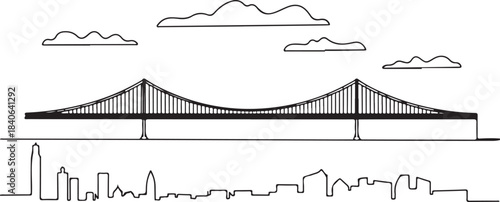 Continuous Line Art of Lisbon Skyline with Twenty Five de Abril Bridge Minimal Outline Illustration