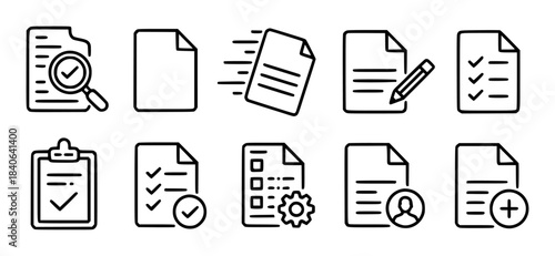 Black and white line of document actions and statuses on a clean background documents