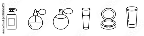 Black and white line of soap dispenser perfume bottles cups and compact mirror