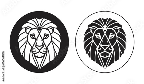 this image showcases two circular monochrome graphic representations of a majestic lion s head with different shading styles one filled and one outlined high quality