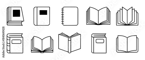 Black and white line of various books and notebooks collection