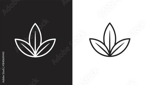 a minimalist graphic design featuring two identical leaf outlines one on a solid black background and the other on a brilliant white backdrop demonstrating contrast