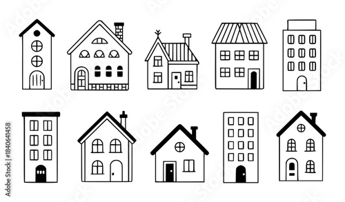 Black and white line of various residential buildings and houses