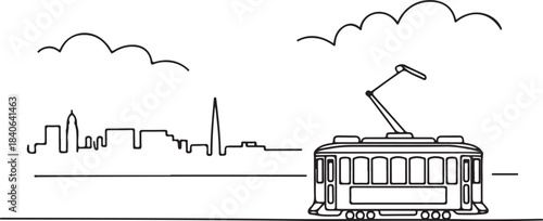 Continuous Line Art of Lisbon Skyline with Old Tram Minimal Outline Illustration