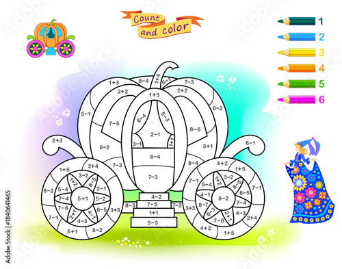 Solve examples and paint the fairy pumpkin carriage. Mathematical education for children. Coloring book. Math exercises on addition and subtraction. Worksheet for kids. Hand drawn vector illustration