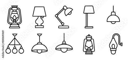 Black and white line of various types of lamps and lighting fixtures