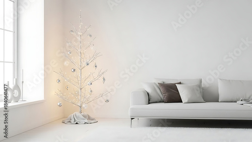 Minimalist Living Room with White Christmas Tree and Sofa