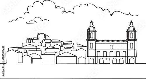 Continuous Line Art of Lisbon Skyline with Alfama Rooftops Minimal Outline Illustration