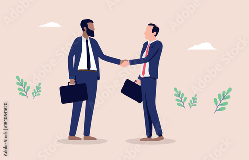 Businessmen handshake - Two businesspeople with different ethnicities shaking hands over deal and agreement. Flat design vector illustration