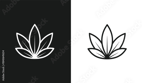 a minimalist depiction of two cannabis leaves one rendered in white against a black background and the other in black on white showcasing duality
