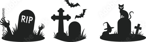 Halloween graveyard silhouette illustration with tombstones, bats, witch hat, zombie hands, and black cat, spooky dark cemetery vector design