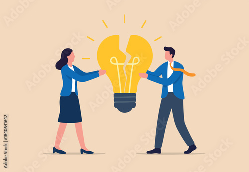 Combine idea, synergy or collaborate to get solution, brainstorm, teamwork or think together to develop great idea concept, businessman, businesswoman join or combine lightbulb idea for best result.