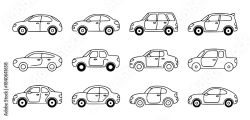 Twelve black and white line drawn cars in various styles and shapes vehicles