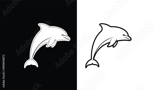 a minimalist depiction of a dolphin leaping from water is showcased in contrasting black and white backgrounds representing duality and simplicity high quality professional detailed