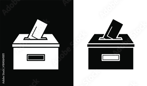 A stark visual representation showcases a ballot box depicted in both a white form against a black background and a black form against white