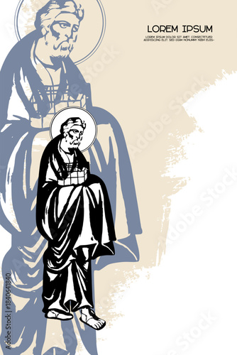 Religious vintage poster template with Righteous Joseph of Arimathea (presentation of Jesus at the temple). Christian illustration in Byzantine style