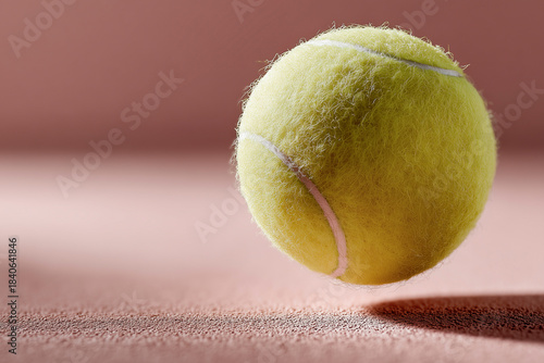 Tennis ball bouncing on a clay court with sharp macro detail and soft shadow in minimal studio light.