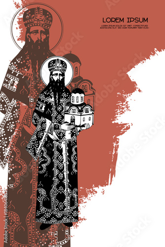 Religious vintage poster template with Saint Stefan Milutin. Christian illustration in Byzantine style