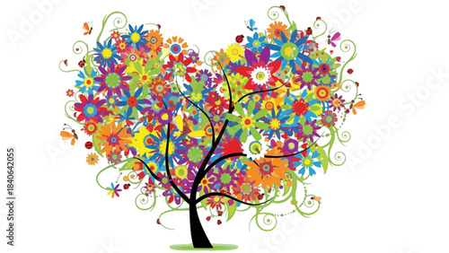 Colorful flowers in a heart shape forming a beautiful tree illustration.