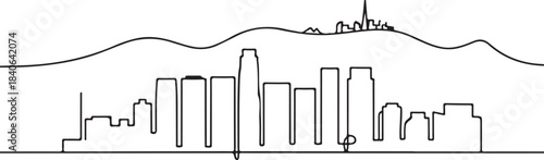 Continuous Line Art of Los Angeles Skyline with Hollywood Hills Silhouette in Background Minimal Outline Illustration